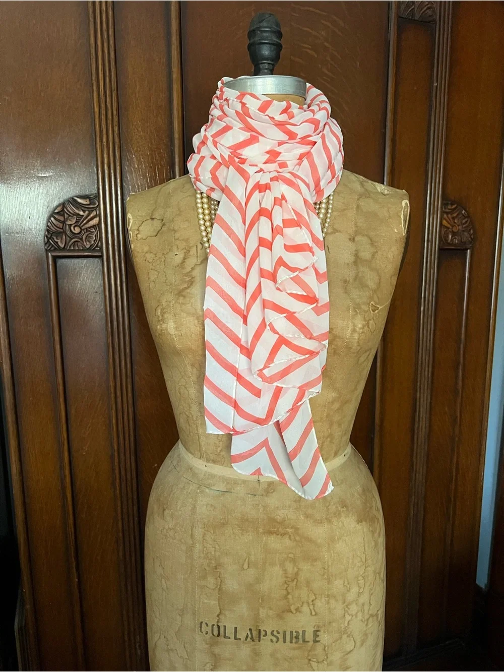 Handmade Women's Chevron Wrap Scarf Sarong Cover Up Coral & White 110”L X 28”W